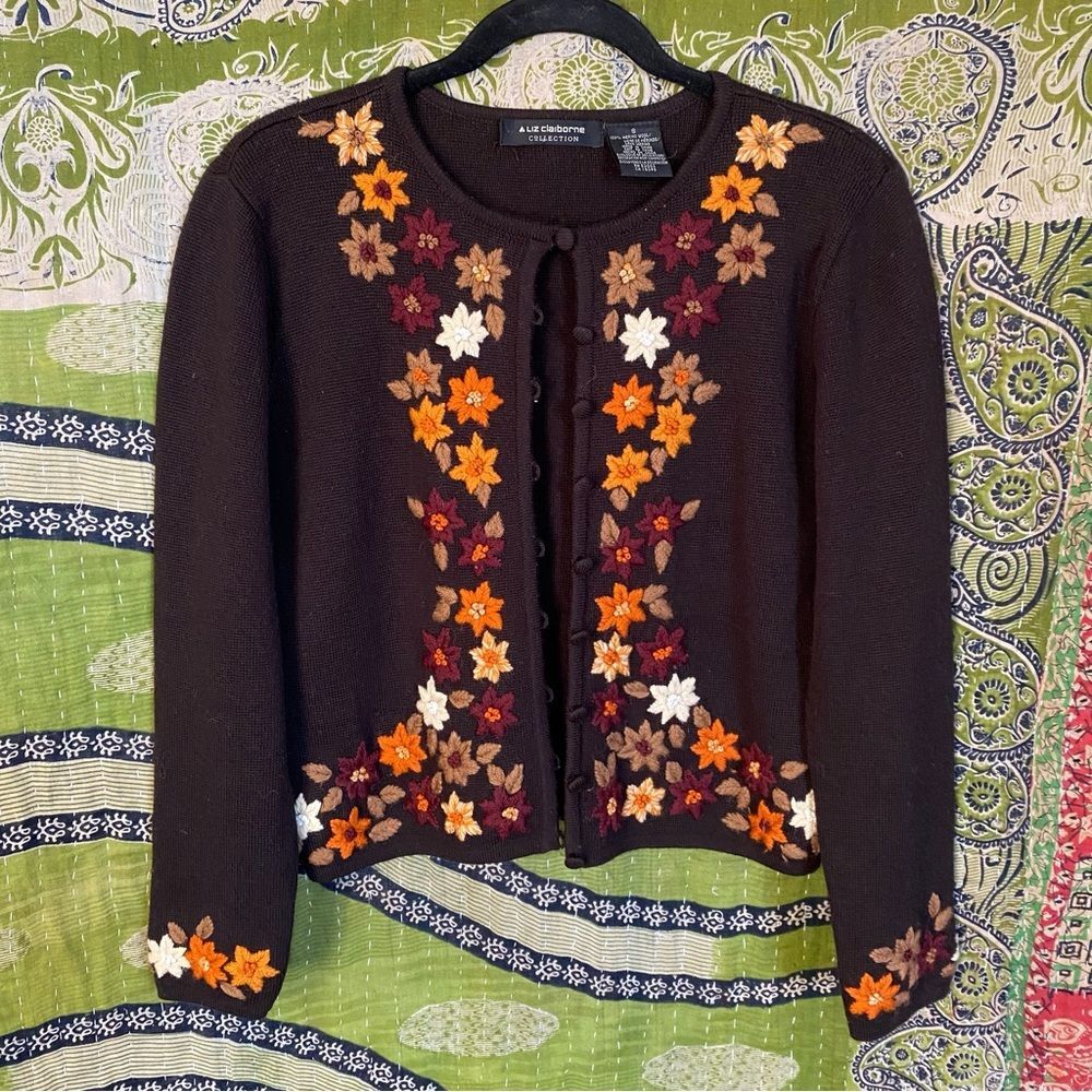 Vintage Y2K Liz Claiborne Brown Floral Merino Wool Cottage Cardigan Size Small